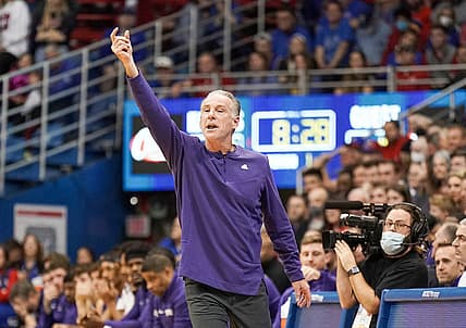 Mar 3, 2022; Lawrence, Kansas, USA; TCU Horned Frogs head coach Jamie Dixon signals a play against the Kansas Jayhawks during the first half at Allen Fieldhouse. Mandatory Credit: Denny Medley-USA TODAY Sports