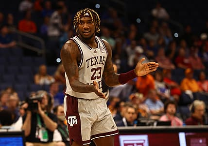 Mar 10, 2022; Tampa, FL, USA; Texas A&M Aggies guard Tyrece Radford (23) makes a three point basket against the Florida Gators during the first half at Amalie Arena. Mandatory Credit: Kim Klement-USA TODAY Sports