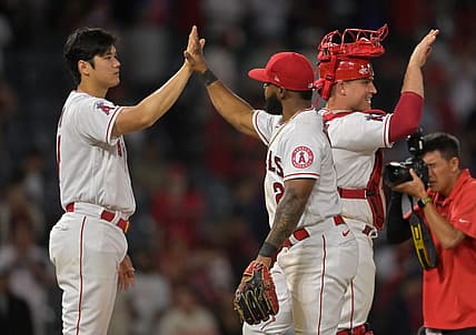 Jul 13, 2022; Anaheim, California, USA; Los Angeles Angels starting pitcher Shohei Ohtani (17) gets a high five from second baseman Luis Rengifo (2) after defeating the Houston Astros at Angel Stadium. Mandatory Credit: Jayne Kamin-Oncea-USA TODAY Sports
