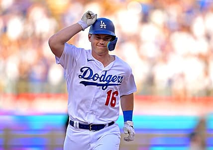 Aug 20, 2022; Los Angeles, California, USA;  Los Angeles Dodgers catcher Will Smith (16) rounds the bases after hitting a 3-run home run in the first inning against the Miami Marlins at Dodger Stadium. Mandatory Credit: Jayne Kamin-Oncea-USA TODAY Sports