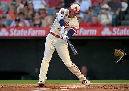 Sep 3, 2022; Anaheim, California, USA; Los Angeles Angels starting pitcher Shohei Ohtani (17) grounds out in the first inning against the Houston Astros at Angel Stadium. Mandatory Credit: Jayne Kamin-Oncea-USA TODAY Sports