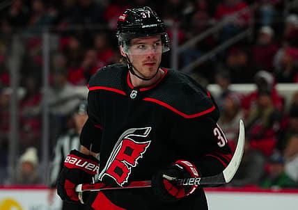 Dec 19, 2023; Raleigh, North Carolina, USA;  Carolina Hurricanes right wing Andrei Svechnikov (37) looks on against the Vegas Golden Knights during the first period at PNC Arena. Mandatory Credit: James Guillory-USA TODAY Sports