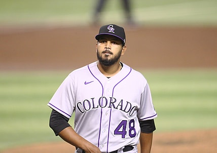 Aug 25, 2020; Phoenix, Arizona, USA; Colorado Rockies pitcher German Marquez against the Arizona Diamondbacks at Chase Field. Mandatory Credit: Mark J. Rebilas-USA TODAY Sports