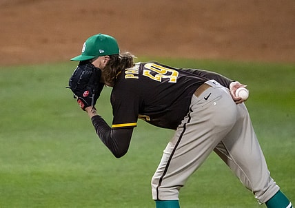 Mar 17, 2021; Mesa, Arizona, USA; San Diego Padres pitcher Chris Paddack against the Chicago Cubs during a Spring Training game at Sloan Park. Mandatory Credit: Mark J. Rebilas-USA TODAY Sports