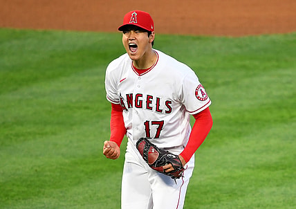 Apr 4, 2021; Anaheim, California, USA;  Los Angeles Angels starting pitcher Shohei Ohtani (17) reacts after a strike out for the final out of the third inning of the game against the Chicago White Sox at Angel Stadium. Mandatory Credit: Jayne Kamin-Oncea-USA TODAY Sports