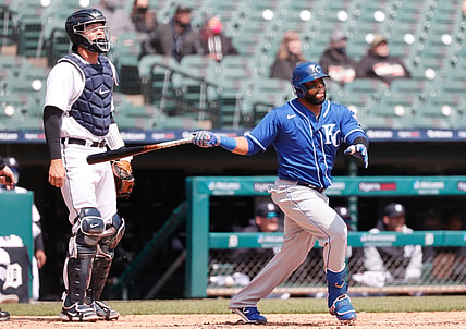 Apr 26, 2021; Detroit, Michigan, USA;  Kansas City Royals first baseman Carlos Santana (41) hits a two run home run in the third inning against the Detroit Tigers at Comerica Park. Mandatory Credit: Rick Osentoski-USA TODAY Sports