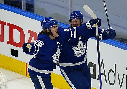 May 20, 2021; Toronto, Ontario, CAN; Toronto Maple Leafs forward William Nylander (88) celebrates his goal with forward Jason Spezza (19) against the Montreal Canadiens during the second period of game one of the first round of the 2021 Stanley Cup Playoffs at Scotiabank Arena. Mandatory Credit: John E. Sokolowski-USA TODAY Sports