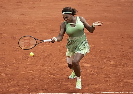 Jun 6, 2021; Paris, France; Serena Williams (USA) in action during her match against Elena Rybakina (KAZ) on day eight of the French Open at Stade Roland Garros. Mandatory Credit: Susan Mullane-USA TODAY Sports