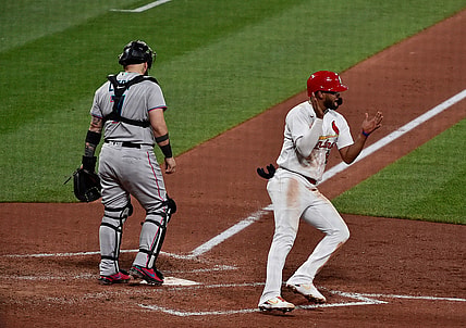 Jun 15, 2021; St. Louis, Missouri, USA;  St. Louis Cardinals pinch hitter Jose Rondon (64) celebrates after scoring the game tying run on a single by first baseman Paul Goldschmidt (not pictured) during the sixth inning against the Miami Marlins at Busch Stadium. Mandatory Credit: Jeff Curry-USA TODAY Sports