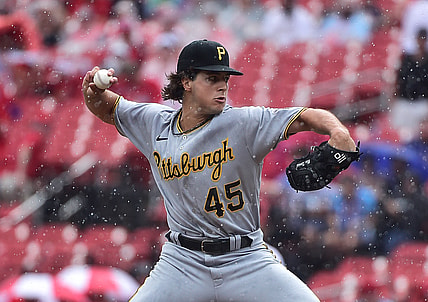 Jun 27, 2021; St. Louis, Missouri, USA;  Pittsburgh Pirates starting pitcher Max Kranick (45) pitches during the first inning in his Major League debut against the St. Louis Cardinals at Busch Stadium. Mandatory Credit: Jeff Curry-USA TODAY Sports