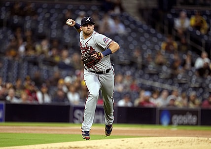 Sep 24, 2021; San Diego, CA, USA;  Atlanta Braves third baseman Austin Riley (27) fields a grounder against the San Diego Padres during the fifth inning at Petco Park. Mandatory Credit: Ray Acevedo-USA TODAY Sports