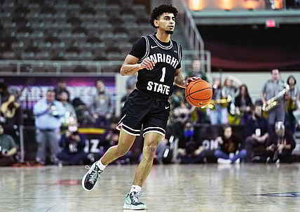 Mar 8, 2022; Indianapolis, IN, USA; Wright State Raiders guard Trey Calvin (1) brings the ball up the court during the first half of the Horizon League championship game between Northern Kentucky and Wright State at Indiana Farmers Coliseum. Mandatory Credit: Robert Goddin-USA TODAY Sports