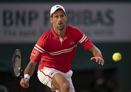 Jun 13, 2021; Paris, France; Novak Djokovic (SRB) in action during the men's final against Stefanos Tsitsipas (GRE) on day 15 of the French Open at Stade Roland Garros. Mandatory Credit: Susan Mullane-USA TODAY Sports