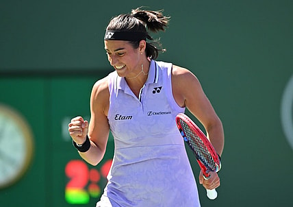 Mar 13, 2023; Indian Wells, CA, USA;  Caroline Garcia (FRA) celebrates after defeating Leylah Fernandez (CAN) in her fourth round match during the BNP Paribas Open at the Indian Wells Tennis Garden. Mandatory Credit: Jayne Kamin-Oncea-USA TODAY Sports