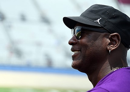 Jun 25, 2022; Nashville, Tennessee, USA; NASCAR Cup Series 23XI Racing owner Michael Jordan on pit road during qualifying for the Ally 400 at Nashville Superspeedway. Mandatory Credit: Christopher Hanewinckel-USA TODAY Sports