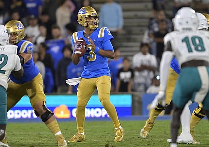 Sep 2, 2023; Pasadena, California, USA;  UCLA Bruins quarterback Dante Moore (3) throws a pass in the second half against the Coastal Carolina Chanticleers at Rose Bowl. Mandatory Credit: Jayne Kamin-Oncea-USA TODAY Sports