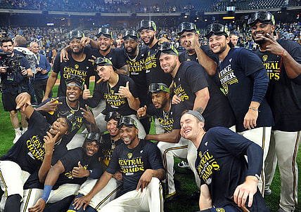 Sep 26, 2023; Milwaukee, Wisconsin, USA; Milwaukee Brewers clinch the National League Central with a Chicago Cubs loss and celebrate at American Family Field. Mandatory Credit: Michael McLoone-USA TODAY Sports
