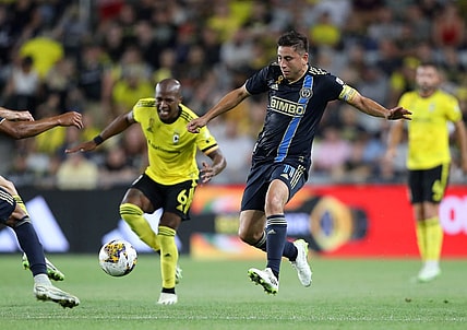 Sep 30, 2023; Columbus, Ohio, USA;  Philadelphia Union midfielder Alejandro Bedoya (11) goes for the ball during the first half against the Columbus Crew at Lower.com Field. Mandatory Credit: Joseph Maiorana-USA TODAY Sports