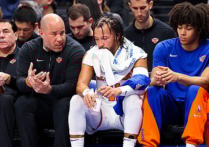 Jan 11, 2024; Dallas, Texas, USA;  New York Knicks guard Jalen Brunson (11) reacts on the bench during the first half against the Dallas Mavericks at American Airlines Center. Mandatory Credit: Kevin Jairaj-USA TODAY Sports