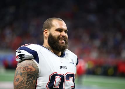 Feb 3, 2019; Atlanta, GA, USA; New England Patriots defensive lineman Lawrence Guy (93) against the Los Angeles Rams in Super Bowl LIII at Mercedes-Benz Stadium. Mandatory Credit: Mark J. Rebilas-USA TODAY Sports
