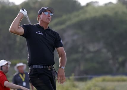 May 22, 2021; Kiawah Island, South Carolina, USA; Phil Mickelson hits from the sixteenth tee during the third round of the PGA Championship golf tournament. Mandatory Credit: Geoff Burke-USA TODAY Sports