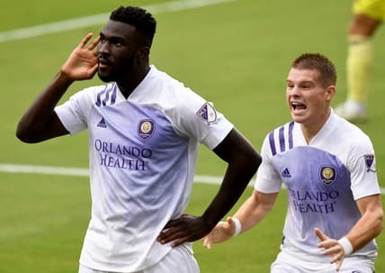 Nov 8, 2020; Orlando, Florida, USA; Orlando City forward Daryl Dike (18) reacts after scoring a goal in the first half against Nashville SC at Orlando City Stadium. Mandatory Credit: Jonathan Dyer-USA TODAY Sports