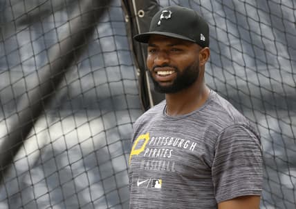 Aug 26, 2021; Pittsburgh, Pennsylvania, USA;  Pittsburgh Pirates right fielder Gregory Polanco (25) before the game against the St. Louis Cardinals at PNC Park. Mandatory Credit: Charles LeClaire-USA TODAY Sports