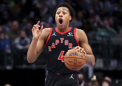 Jan 19, 2022; Dallas, Texas, USA;  Toronto Raptors forward Scottie Barnes (4) reacts during the second half against the Dallas Mavericks at American Airlines Center. Mandatory Credit: Kevin Jairaj-USA TODAY Sports