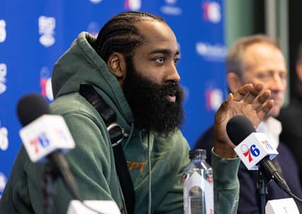 Feb 15, 2022; Camden, NJ, USA; Philadelphia 76ers guard James Harden speaks with the media during a press conference at Philadelphia 76ers Training Complex. Mandatory Credit: Bill Streicher-USA TODAY Sports