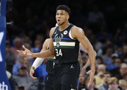 Mar 8, 2022; Oklahoma City, Oklahoma, USA; Milwaukee Bucks forward Giannis Antetokounmpo (34) reacts after a play against the Oklahoma City Thunder during the second quarter at Paycom Center. Mandatory Credit: Alonzo Adams-USA TODAY Sports
