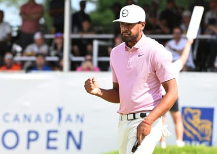 Jun 11, 2022; Etobicoke, Ontario, CAN;   Tony Finau hits a reacts on the 18th green during the third round of the RBC Canadian Open golf tournament. Mandatory Credit: Dan Hamilton-USA TODAY Sports