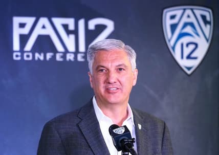 Oct 13, 2021; San Francisco, CA, USA; Pac-12 commissioner George Kliavkoff speaks to the media during the Pac-12 men   s basketball media day. Mandatory Credit: Kelley L Cox-USA TODAY Sports