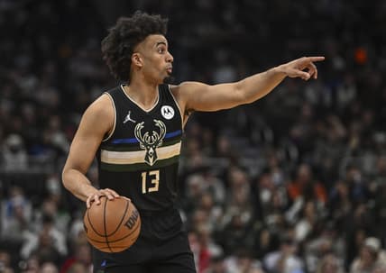 Apr 1, 2022; Milwaukee, Wisconsin, USA;  Milwaukee Bucks forward Jordan Nwora (13) calls a play in the third quarter during game against the Los Angeles Clippers at Fiserv Forum. Mandatory Credit: Benny Sieu-USA TODAY Sports