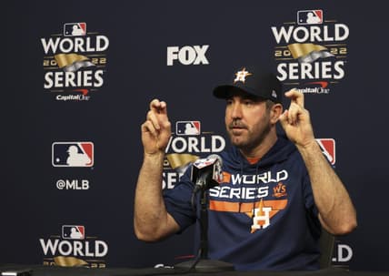 Oct 27, 2022; Houston, TX, USA; World Series game one Houston Astros starting pitcher Justin Verlander (35) answers questions from the press at Minute Maid Park. Mandatory Credit: Thomas Shea-USA TODAY Sports
