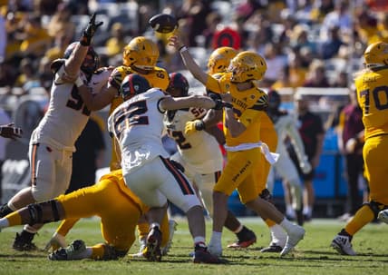 Nov 19, 2022; Tempe, Arizona, USA; Arizona State Sun Devils quarterback Trenton Bourguet (16) against the Oregon State Beavers during the first half at Sun Devil Stadium. Mandatory Credit: Mark J. Rebilas-USA TODAY Sports