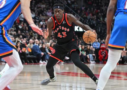 Mar 16, 2023; Toronto, Ontario, CAN; Toronto Raptors forward Pascal Siakam (43) controls the ball against the Oklahoma City Thunder in the second half at Scotiabank Arena. Mandatory Credit: Dan Hamilton-USA TODAY Sports