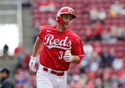Apr 2, 2023; Cincinnati, Ohio, USA; Cincinnati Reds first  baseman Jason Vosler (32) runs the bases after hitting a solo home run against the Pittsburgh Pirates during the second inning at Great American Ball Park. Mandatory Credit: David Kohl-USA TODAY Sports