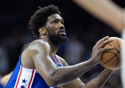Apr 4, 2023; Philadelphia, Pennsylvania, USA; Philadelphia 76ers center Joel Embiid (21) shoots a foul shot against the Boston Celtics during the third quarter at Wells Fargo Center. Mandatory Credit: Bill Streicher-USA TODAY Sports