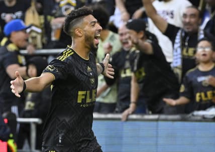 Apr 8, 2023; Los Angeles, California, USA;  Los Angeles FC forward Denis Bouanga (99) celebrates after his second goal of the game against Austin FC in the second half at BMO Stadium. Mandatory Credit: Jayne Kamin-Oncea-USA TODAY Sports