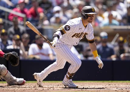 May 3, 2023; San Diego, California, USA;  San Diego Padres catcher Brett Sullivan (29) hits an RBI double against the Cincinnati Reds during the second inning at Petco Park. Mandatory Credit: Ray Acevedo-USA TODAY Sports