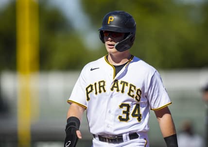 Oct 26, 2022; Surprise, Arizona, USA; Pittsburgh Pirates catcher Henry Davis plays for the Surprise Saguaros during an Arizona Fall League baseball game at Surprise Stadium. Mandatory Credit: Mark J. Rebilas-USA TODAY Sports