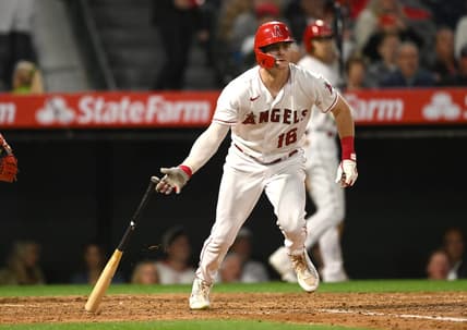 Jun 7, 2023; Anaheim, California, USA;  Los Angeles Angels left fielder Mickey Moniak (16) doubles in three runs in the sixth inning against the Chicago Cubs at Angel Stadium. Mandatory Credit: Jayne Kamin-Oncea-USA TODAY Sports