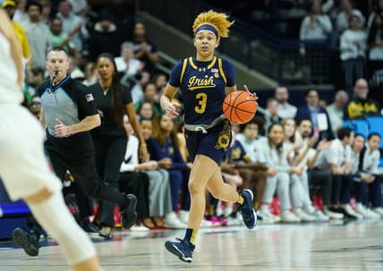Jan 27, 2024; Storrs, Connecticut, USA; Notre Dame Fighting Irish guard Hannah Hidalgo (3) returns the ball against the UConn Huskies in the first half at Harry A. Gampel Pavilion. Mandatory Credit: David Butler II-USA TODAY Sports