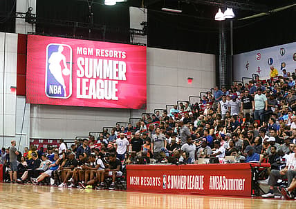 Jul 6, 2018; Las Vegas, NV, USA; Detailed view of a NBA Summer League logo in the Cox Pavilion during a Brooklyn Nets game against the Orlando Magic. Mandatory Credit: Mark J. Rebilas-USA TODAY Sports
