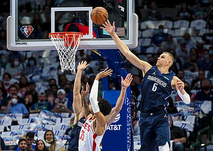 Oct 26, 2021; Dallas, Texas, USA;  Dallas Mavericks center Kristaps Porzingis (6) defends the shot of Houston Rockets center Christian Wood (35) during the first quarter at American Airlines Center. Mandatory Credit: Kevin Jairaj-USA TODAY Sports