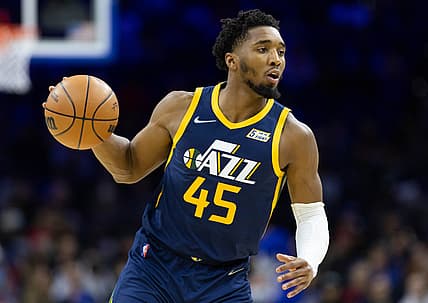 Dec 9, 2021; Philadelphia, Pennsylvania, USA; Utah Jazz guard Donovan Mitchell (45) dribbles the ball against the Philadelphia 76ers during the fourth quarter at Wells Fargo Center. Mandatory Credit: Bill Streicher-USA TODAY Sports
