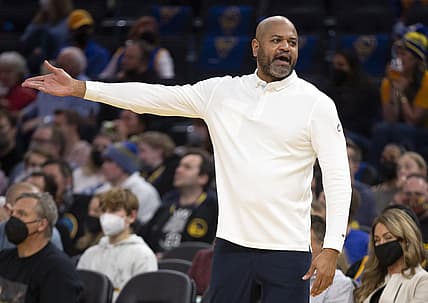 Jan 9, 2022; San Francisco, California, USA; Cleveland Cavaliers head coach John-Blair Bickerstaff complains to a referee about the officiating during the third quarter against the Golden State Warriors at Chase Center. Mandatory Credit: D. Ross Cameron-USA TODAY Sports