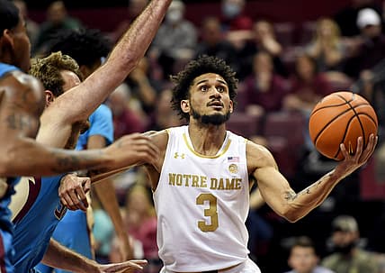 Mar 2, 2022; Tallahassee, Florida, USA; Notre Dame Fighting Irish guard Prentiss Hubb (3) moves to the net during the second half against the Florida State Seminoles at Donald L. Tucker Center. Mandatory Credit: Melina Myers-USA TODAY Sports