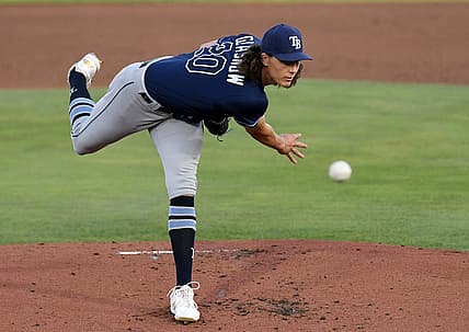 May 21, 2021; Dunedin, Florida, CAN; Tampa Bay Rays pitcher Tyler Glasnow (20) throws a pitch in the first inning against the Toronto Blue Jays at TD Ballpark. Mandatory Credit: Jonathan Dyer-USA TODAY Sports