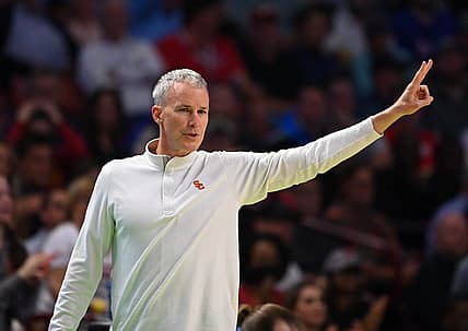 Mar 18, 2022; Greenville, SC, USA;  Southern California Trojans head coach Andy Enfield gestures against the Miami Hurricanes during the first round of the 2022 NCAA Tournament at Bon Secours Wellness Arena. Mandatory Credit: Bob Donnan-USA TODAY Sports